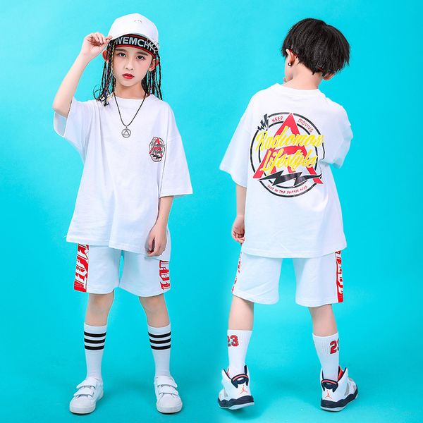 

children hip hop clothing running oversized t shirt gym shorts for girl boy jazz dance costume wear ballroom dancing clothes, Black;red