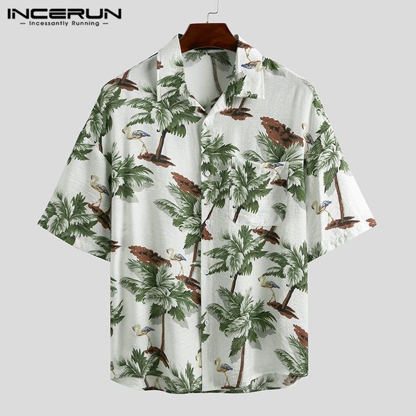 

men's casual shirts incerun 2021 summer men hawaiian shirt printed lapel tropical beach blouse brand chic streetwear camisas breathable, White;black