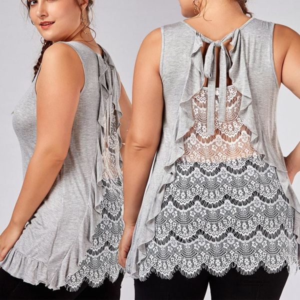 

womens clothing t shirt women fashion loose backless lace tie plus size sleeveless o neck tank ladies ma25, White