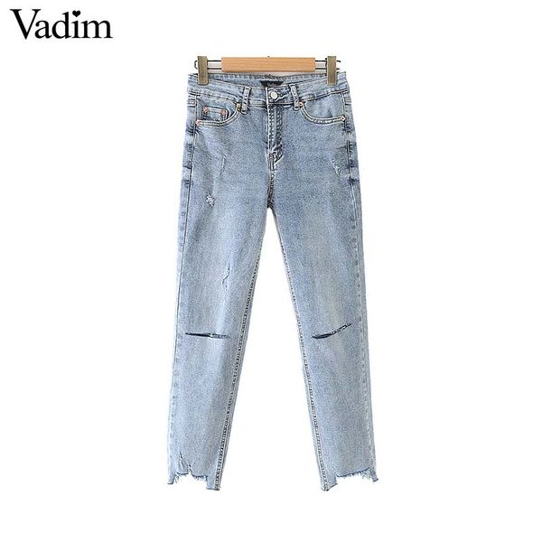 

vadim women vintage denim jeans holes pockets chic zipper design pants stretchy ankle length trousers pantalones kb108, Blue