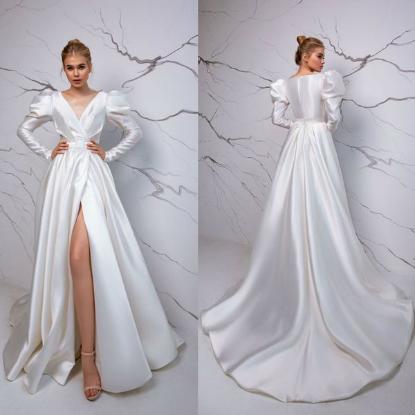 

eva lendel wedding dresses v neck long sleeves high split bridal gowns 2020 custom made sweep train a line wedding dress, White