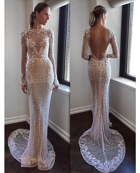 

luxury white mermaid prom dresses bateau neck long sleeve sequined formal eveing dress floor length backless party gowns custom, Black