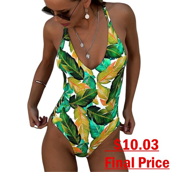 

plunge swimwear leaf print one piece swimsuit women 2019 push up swimming suit badpak ladies bathing suit may girls monokini, White;black