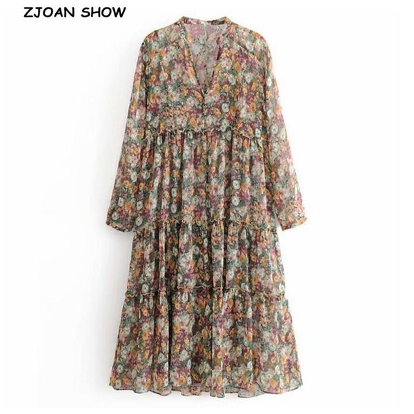 

fall women button v neck flower print long sleeve dress splice wood ears ruffles long dresses chiffon with lining vestidos, Black;gray