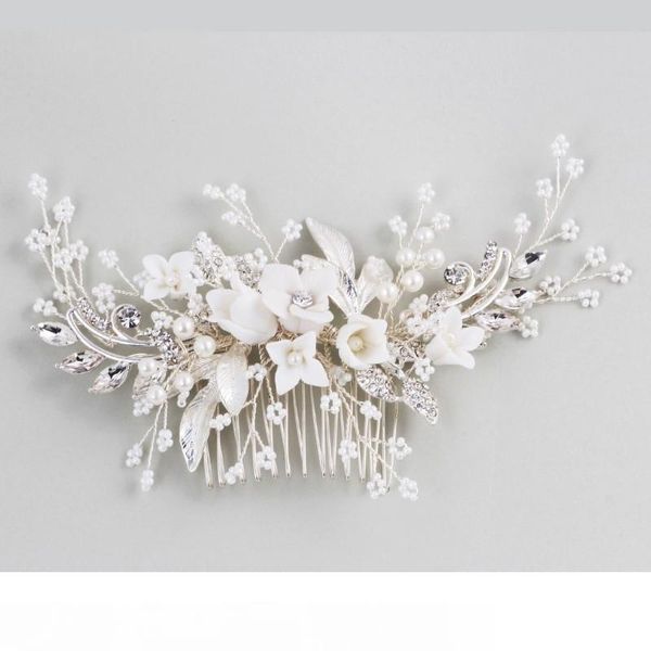 

dower me stunning floral headpiece bridal silver hair comb piece pearls women prom hair jewelry wedding accessories mx190817, Golden;white