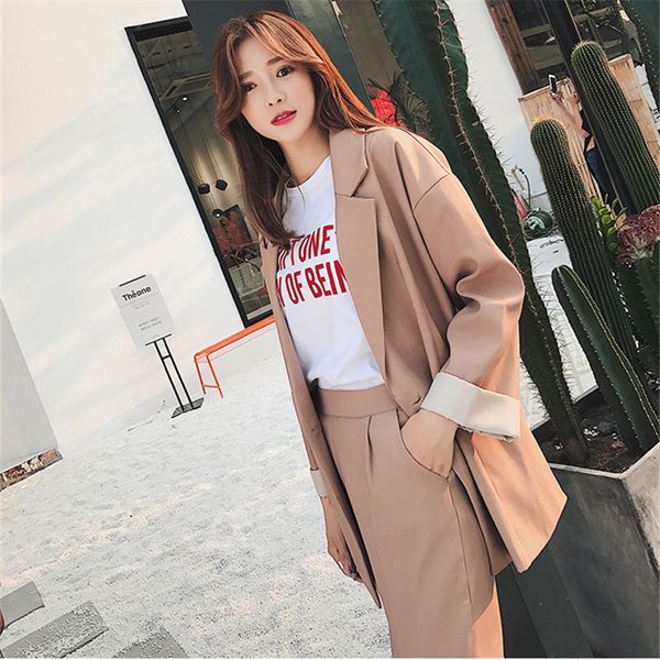

spring autumn pant suits female 2 pieces set casual long blazer jacket loose korean of office women clothes coat two pieces suit, White;black