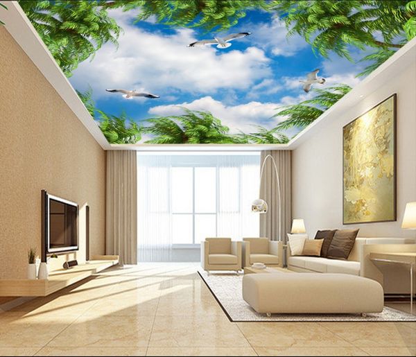 

3d ceilings beautiful blue sky white clouds coconut trees sea birds sun ceiling