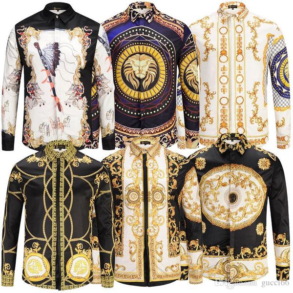 

10pcs/lot dhl 2018 spring autumn 100% cotton medusa printed shirts men slim fit shirts for men black print casual, White;black