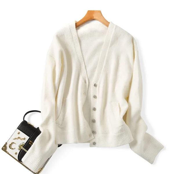 

new women v neck knitted cardigan sweater ladies diamond single-breasted jacket female knitwear outwear, White