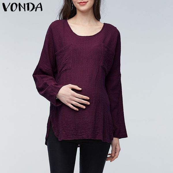 

vonda maternity clothings pregnant women blouses 2019 pregnancy long sleeve casual loose shirts plus size solid oversized, White