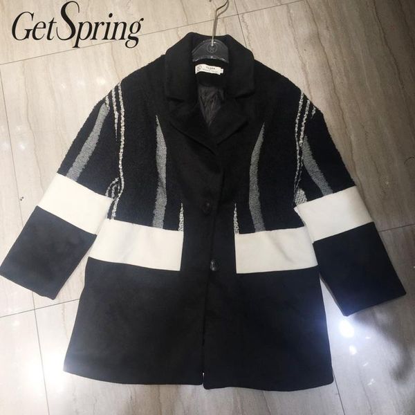 

getspring women wool coat long sleeve patchwork winter wool jacket single breasted black outerwear loose long overcoat winter