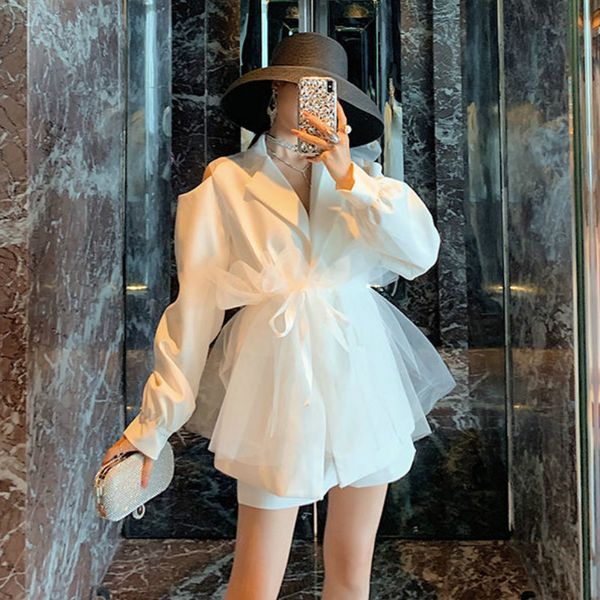 

fashion mesh patchwork elegant solid women blazers 2020 new chic turn-down collar lacing bow coats, White;black