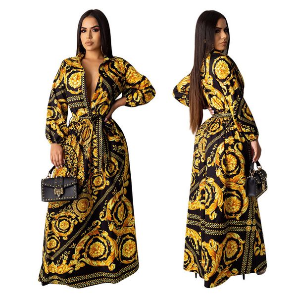 

luxury women desinger dresses fashion long sleeve lapel neck golden floral printed dresses women designer clothes, Black;gray