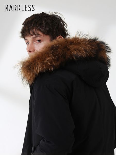 

markless long thick 80% white duck down jacket men 2018 winter warm hooded parkas detachable raccoon fur down coats yra8316m, Black