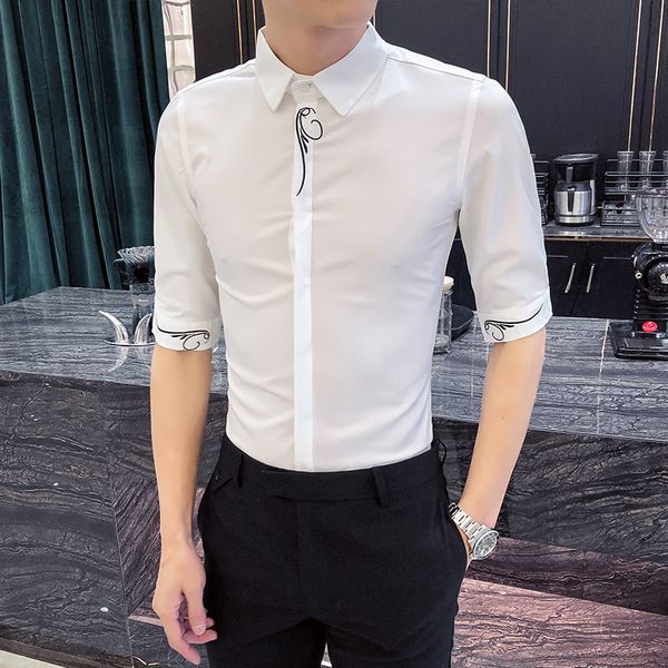 

men's casual shirts summer 2021 simple work shirt men fashion embroidery half sleeve dress slim fit blouse plus size 5xl-s, White;black