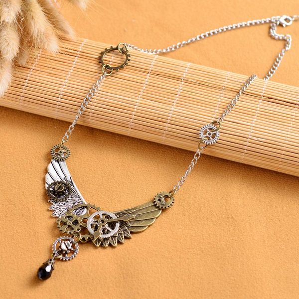 

steampunk gear hour hand wings pendant necklace chain for women men, Silver