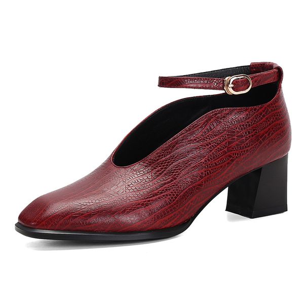 

square toe women high heels buckle pumps shallow casual office shoes woman genuine leather spring autumn shoes female, Black