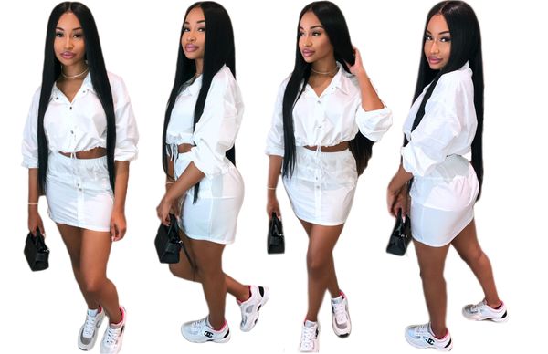 

spot dress european and american spring comfortable button trend fashion solid color casual skirt suit, White