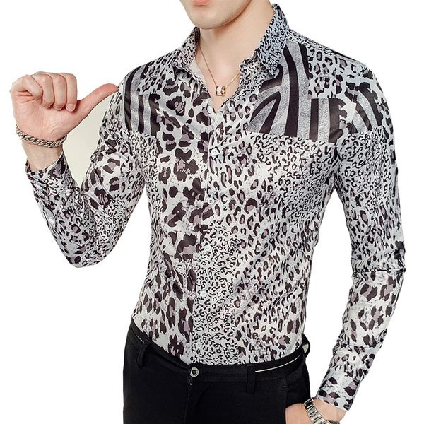 

новая партия клуба shirt men пром masculina luxury леопардовый рубашка мужчины с длинным рукавом, White;black