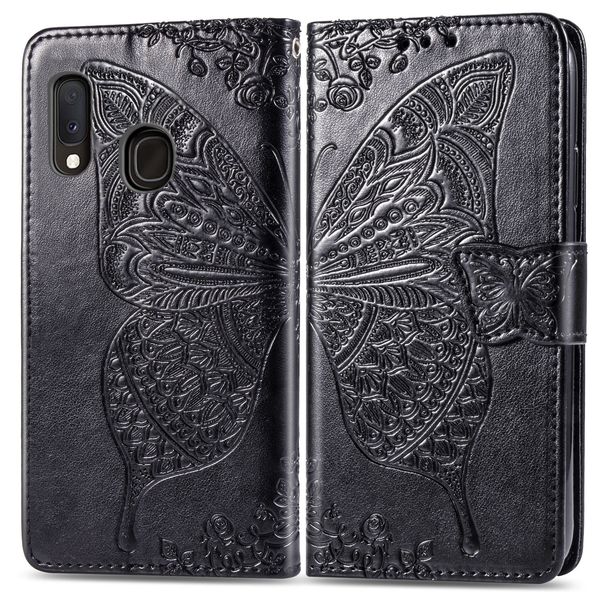 Custodia per Galaxy A20 E realizzata in pelle PU con slot per carte di credito Cinturino da polso a farfalla con fiore convesso perforato (A20e)