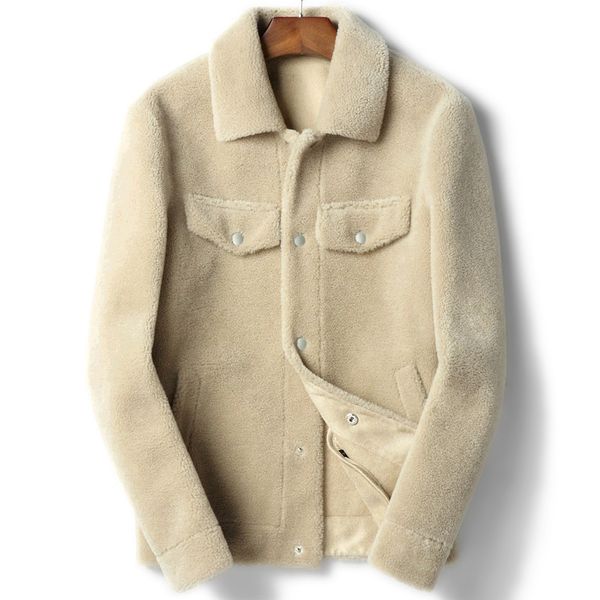 

100% wool coat real sheep shearling fur coat autumn winter jacket men lamb fur short coats leather jackets chaqueta hombre y1845, Black