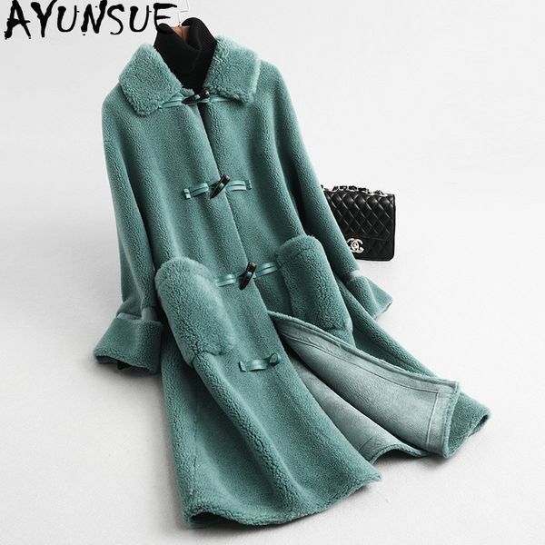 

women's fur & faux ayunsue real coat female wool coats 2021 winter jacket women sheep shearling long outwear abrigo mujer my3559, Black