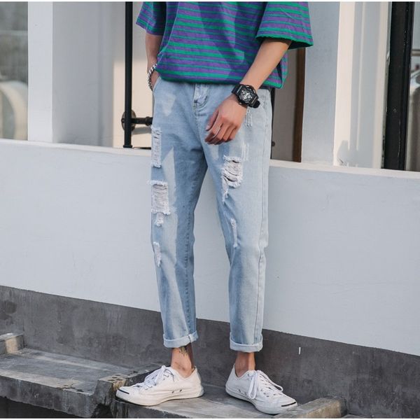 

2020 spring and autumn new chic korean youth popular solid color hole large size jeans fashion casual feet pants blue 27-34