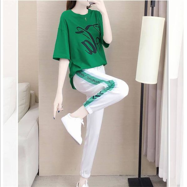 

t-shirt 2020 suit new girl and trousers two-piece set elegant green sports casual wear printing and party style ing, Gray