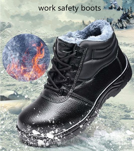 

puimentiua men big size toe cap warm plush work safety shoes soft leather platform cotton worker shoe security boot, Black
