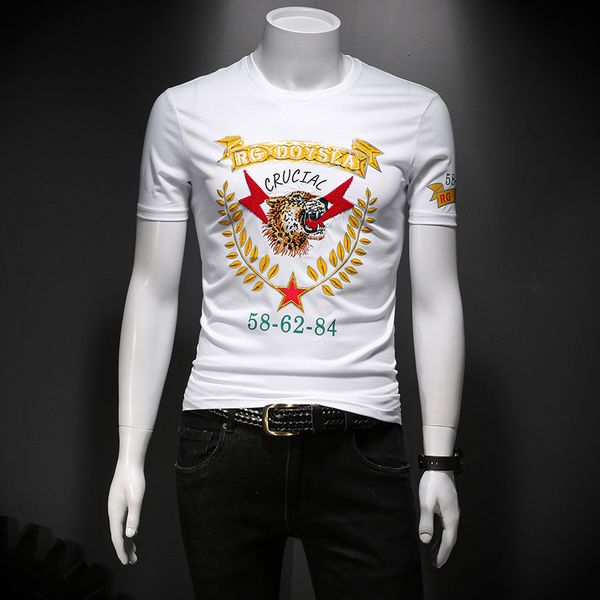 

2020 summer mercerized cotton summer tide brand simple european style personality leopard head embroidery printed short-sleeved t-shirt, White;black