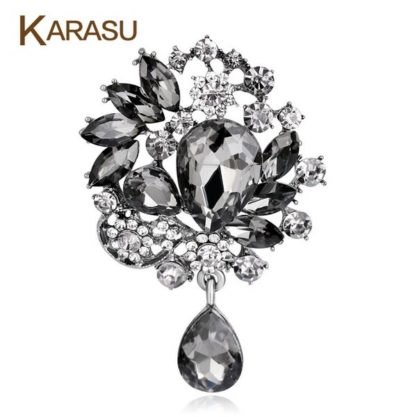 

vintage water drop brooch flower leaf crystal rhinestones brooches for women brooch pins jewelry wedding decoration, Gray