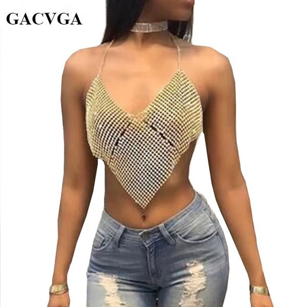 

gacvga 2019 triangle diamonds crop crystal halter summer glitter women backless nightclub bralette tank top, White