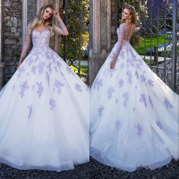 

2020 wedding dresses sweetheart illusion lavender lace applique beads long sleeves button back court train plus size formal bridal gowns, White