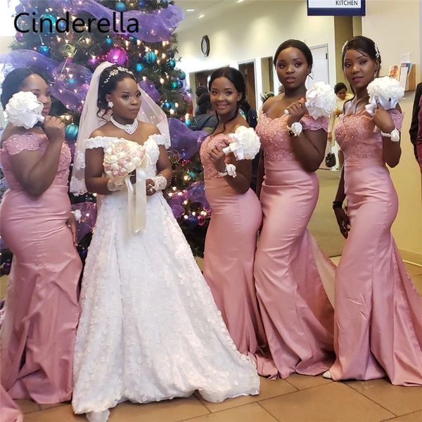 

2020 new pink satin off shoulder mermaid bridesmaid dresses plus size african black girl party prom dresses long beades, White;pink