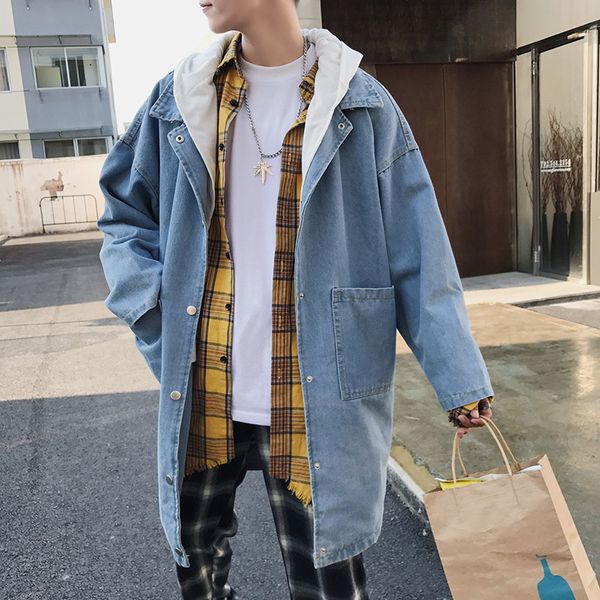 

spring men denim detachable hooded windbreaker men hip hop streetwear bomber jacket male oversized jeans baggy coat d100605, Black;brown