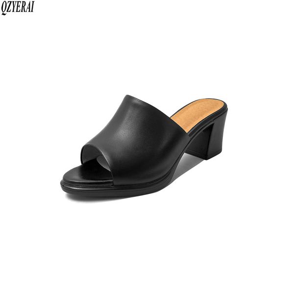 

genuine leather women's slippers new european style 5cm medium heel sandals black women's shoes size 34-39