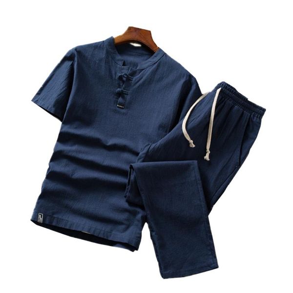 

summer men's short-sleeved suit 5xl cotton linen mens two-piece set fashion casual man loose and comfortable drawstring pants, Gray