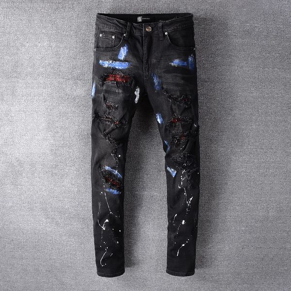 

2020amiri trend high street jeans male stitching ripped slim men's designer pants street popular distressed denim trousers 05, Blue