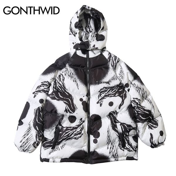 

gonthwid 3m reflective stripes ink graffiti print removable hooded puffer parkas streetwear hip hop cotton padded parka jackets, Black