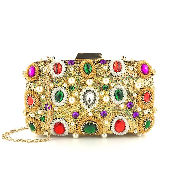 

luxury design gold sequins day clutches women geometric crystal gem beaded banquet party evening bag wedding bride messenger bag
