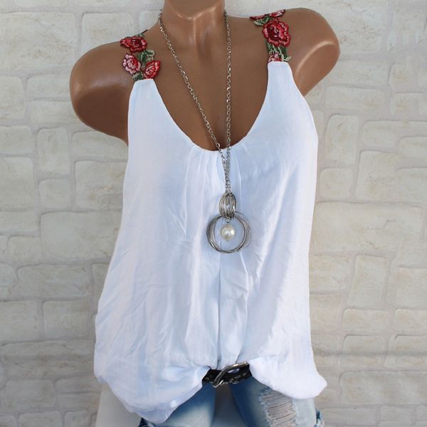 

new summer women fashion embroidered solid color v neck thin t shirt sleeveless breathable backless soft casual loose camis, White