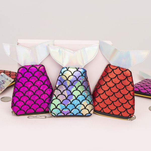 

sparkly bling coin purses mermaid tail plush laser sequin wallet lanyard bag for girl children kids woman party favors for xmas presents, White