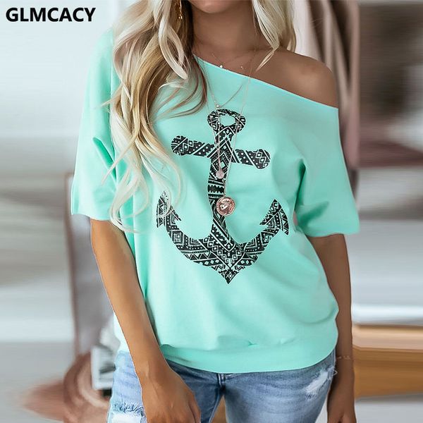 

женщины лодка якорь печати летняя футболка sexy с плеча половина рукава повседневный сыпучие футболки тройники tops, White
