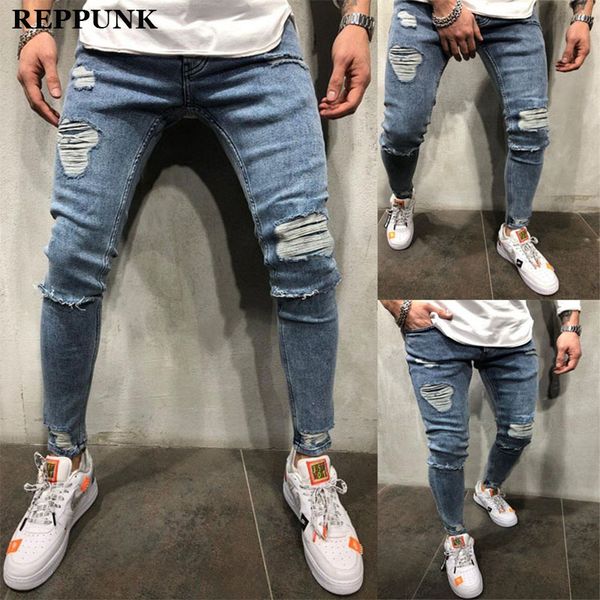 

reppunk 2020 new mens designer ripped jeans joggers male streetwear skinny distressed denim pencil pants blue denim trousers