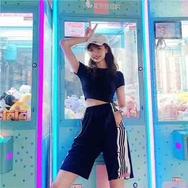 

designer women's shorts summer new pants european and american tide brand side button elastic waist tether loose ladies sports shorts 3, White;black
