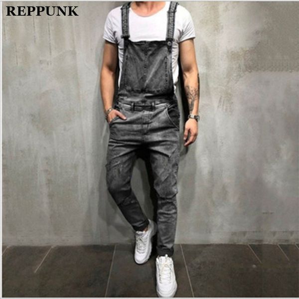 

reppunk 2020 new men denim jumpsuit casual fashion streetwear suspenders pockets mens jeans retro personality male quality pants, Blue