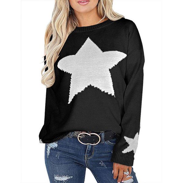 

women's winter casual long sleeve pullover knitted loose star printed sweater, White;black