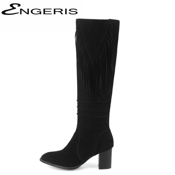 

engeris black faux suede pointed toe high heel tassel slouch boots green chunky heel zipper fringe knee high boots ladies shoes