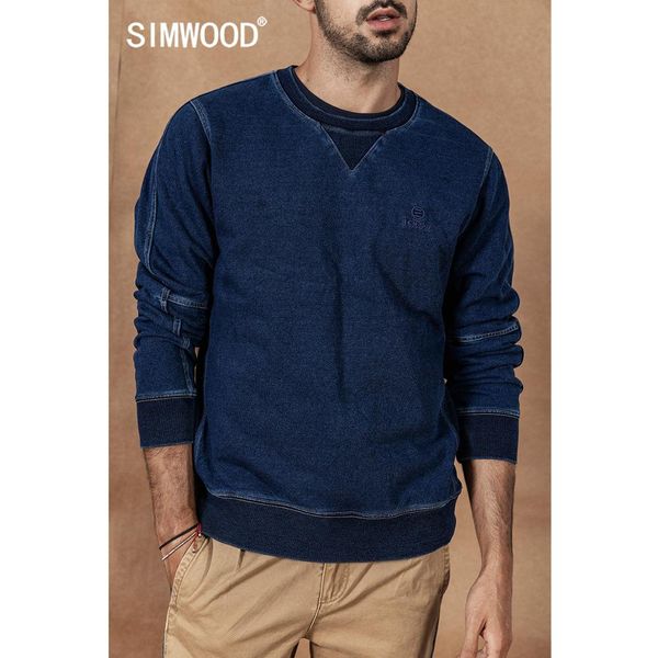 

simwood indigo hoodie men 2019 autumn winter new vintage washed embroidery patchwork pullover o-neck plus size cotton hoodies, Black