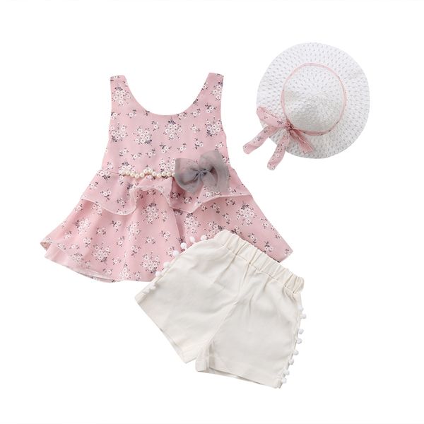

Brand Kids Baby Girl Clothes Summer Princess 3pcs Set Cotton Sleeveless Vest Flower Tops+Short Denim Pants+Hats Kid Outfits Set